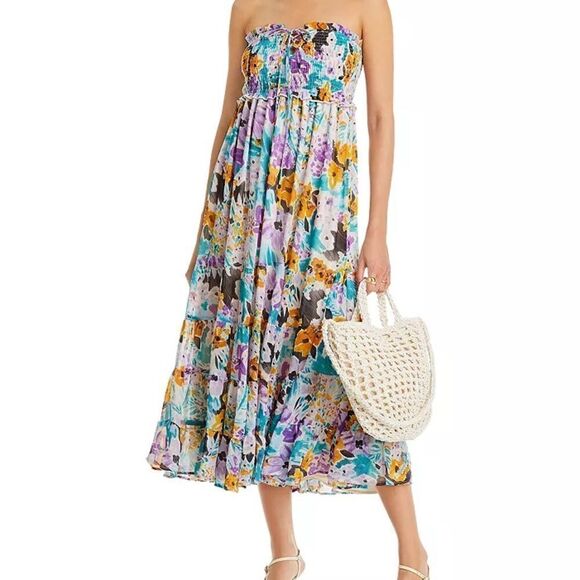 AQUA Bloomingdale’s Strapless Smocked Midi Dress with Lace Size Large NWT Med - Picture 1 of 1